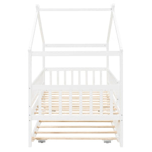English Elm Twin House Bed with Trundle Solid Pine Frame Walnut Kids Bedroom Sleepover N708P357115K
