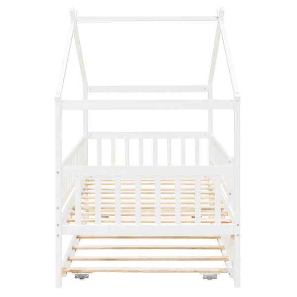English Elm Twin House Bed with Trundle Solid Pine Frame Walnut Kids Bedroom Sleepover N708P357115K