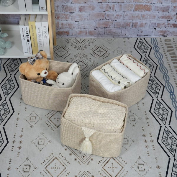 English Elm Rope Cotton Woven Storage Baskets Set of Three with Handles for Home Organization W2181P404832