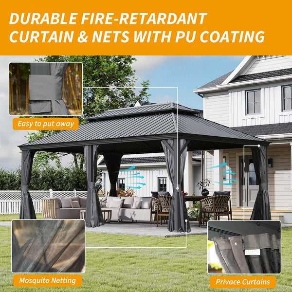 English Elm 12' X 18' Hardtop Gazebo - Durable Outdoor Canopy With Drainage, Curtains, Insect Netting & More! W1859S00147