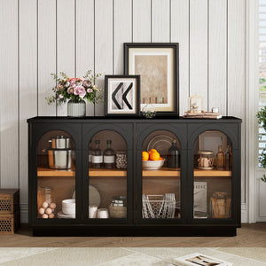 English Elm TREXM 4-Door Large Storage Buffet Cabinet with Glass Doors, Adjustable Shelves and Cable Port Black N715P247544B
