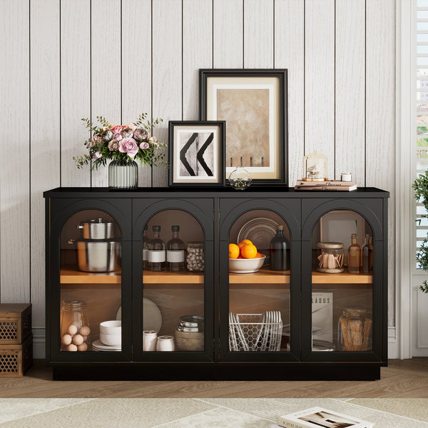 English Elm TREXM 4-Door Large Storage Buffet Cabinet with Glass Doors, Adjustable Shelves and Cable Port Black N715P247544B