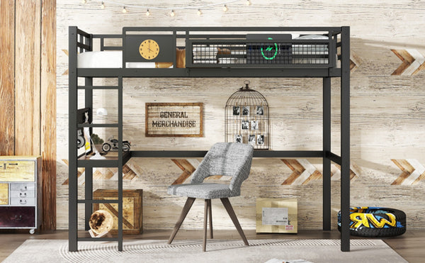 English Elm Twin Xl Solid Pine Loft Bed with Built-in Led Lighting and Storage Shelves W1580S00374