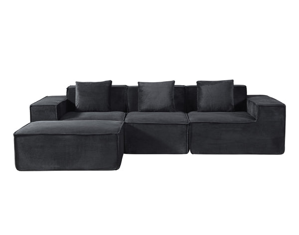 English Elm CozyForm Corduroy Convertible Sectional Sofa with Ottoman and Pillows, Modular L‑Shape Sleeper Comfort Black B2735S00031