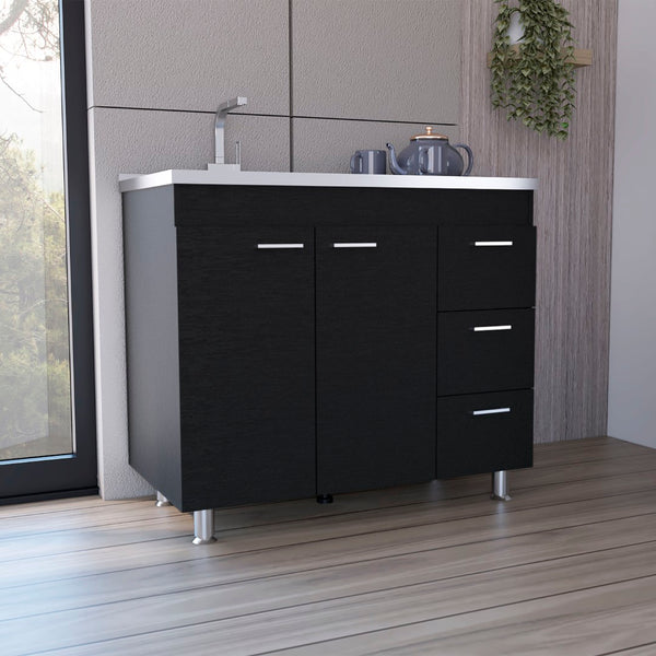 English Elm Napoles Utility Sink Cabinet Stainless Steel Top Smokey Oak Laundry Storage B200S00401