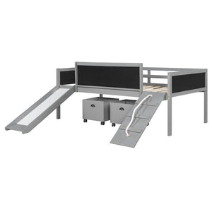English Elm Twin Kids Loft Bed Solid Pine Frame with Slide Chalkboard and Climbing Rope Play Zone Gray N708P340493E
