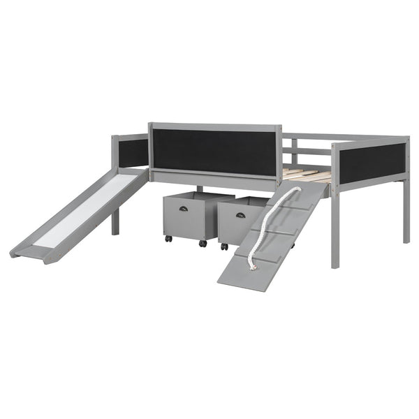 English Elm Twin Kids Loft Bed Solid Pine Frame with Slide Chalkboard and Climbing Rope Play Zone Gray N708P340493E