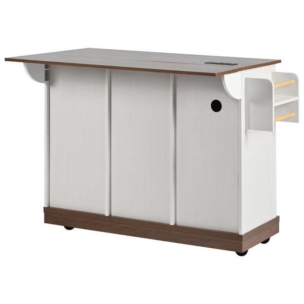 English Elm K&K 55.5" Farmhouse Kitchen Island with Sliding Barn Door, Drop Leaf, Charging Station, Wheels White N707P288229W