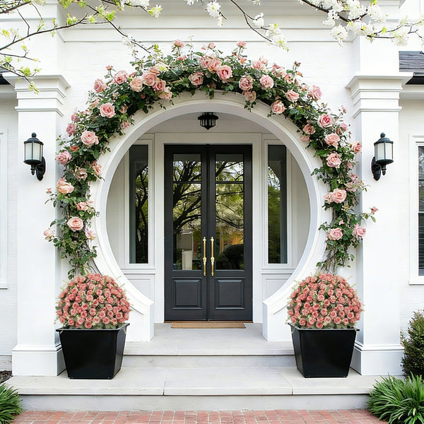 English Elm 24-inch Faux Rose Arrangement Uv Resistant Silk Blooms Set of Two Cement Potted Decor Green,Pink W2945P458445