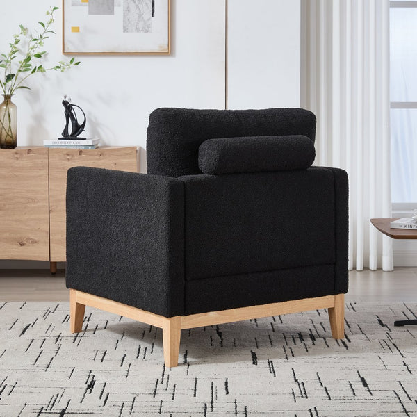 English Elm 35.4" Wide Modern Farmhouse Accent Chair With Soft Black Boucle, Natural Wood Legs & Bolster Pillows W3118P283468