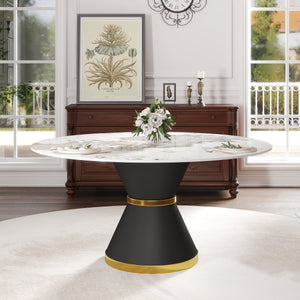 English Elm 59.05"Modern 59.05" Modern Round Dining Table With Black Carbon Steel Base - Seats 6-8, Durable Sintered Stone Top W1535S00438