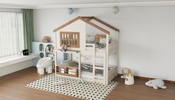 English Elm Full Bunk Bed with Trundle Bookshelf Storage Pine Frame Car Design for Kids W1580S00324