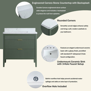 English Elm Fully Assembled 36" Green Bathroom Vanity With Solid Wood, Carrara Marble Top & Soft-Close Features W1826P308980