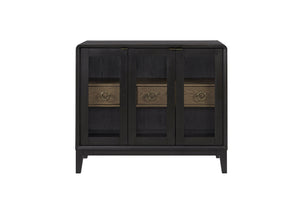 English Elm Glass Door Server Peppercorn - Elm Veneer Black & Latte Contrast, Glass Doors, Drawers for Dining Storage B2699P402560
