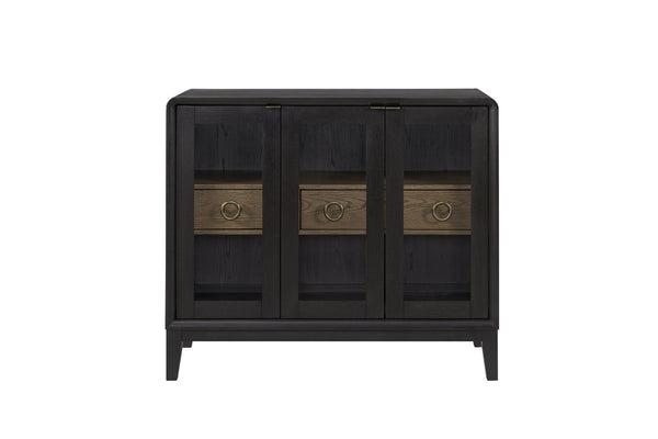 English Elm Glass Door Server Peppercorn - Elm Veneer Black & Latte Contrast, Glass Doors, Drawers for Dining Storage B2699P402560
