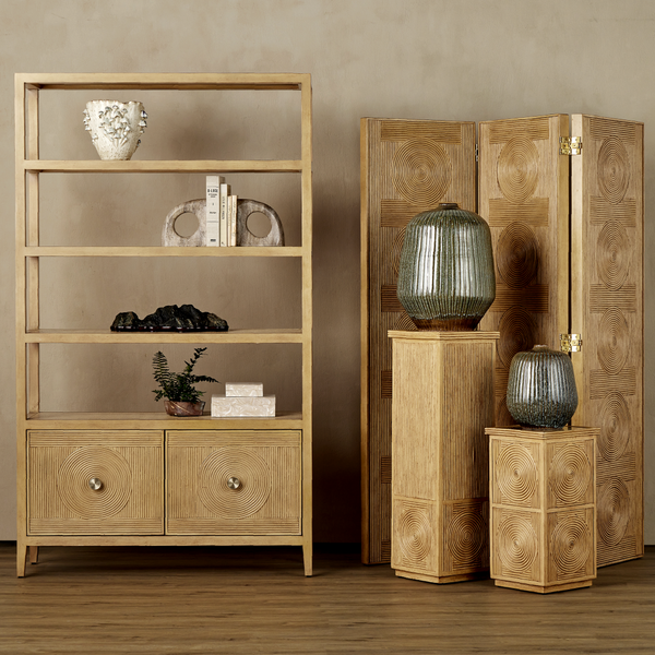 Santos Vintage Navy Storage Etagere - Stylish Mahogany with Rattan for Elegant Home Organization