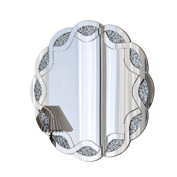English Elm Silver Wave Frame Round Wall Mirror with Diamond Beveled Facets for Glam Home Decor W1445P370440