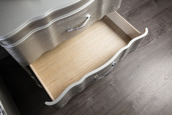 English Elm 1pc Nightstand Scalloped Serpentine Front Bedside Table with Chrome Pulls Elegant Art Deco Flair Silver 31 L x 20 W x 28 H B011P326225