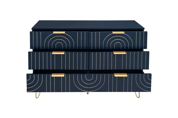 English Elm Modern 6 Drawer Dresser with Gold Metal Handles, Anti-Tip Design, Smooth Slide Drawers for Bedroom Dark Blue W688P170447