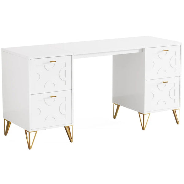 English Elm Stylish White Mdf Computer Desk with Gold Legs Four Drawers for Home Office T3971P449545