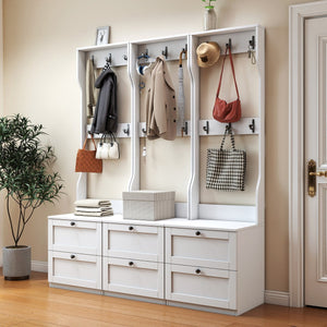 English Elm 2-in-1 Wood Coat Rack Nightstand with Drawer & Hooks — Freestanding Bedroom Entryway Organizer W331P280719