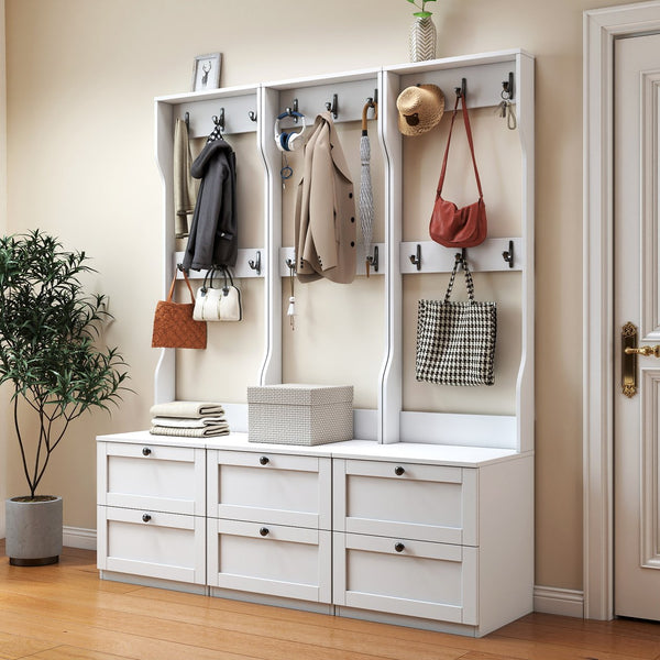 English Elm 2-in-1 Wood Coat Rack Nightstand with Drawer & Hooks — Freestanding Bedroom Entryway Organizer W331P280719