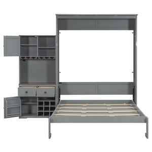 English Elm Queen Murphy Bed with Wine Rack Glass Holder Led Lighting and Cabinet White Gray LP000391AAE