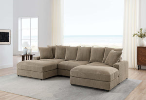 English Elm Reversible Corduroy Sectional with Ottoman Foam Cushions and Contrast Stitching Camel B343S00050