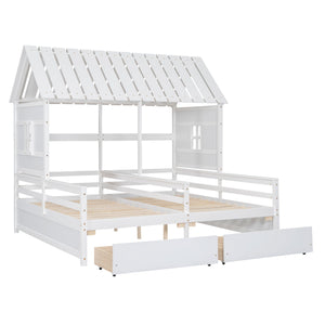 English Elm Twin House Platform Bed with Pitched Roof and Two Under-Drawers for Shared Kids’ Rooms, Durable Pine White GX000452AAK