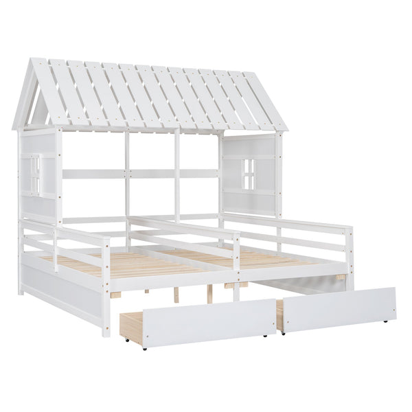 English Elm Twin House Platform Bed with Pitched Roof and Two Under-Drawers for Shared Kids’ Rooms, Durable Pine White GX000452AAK