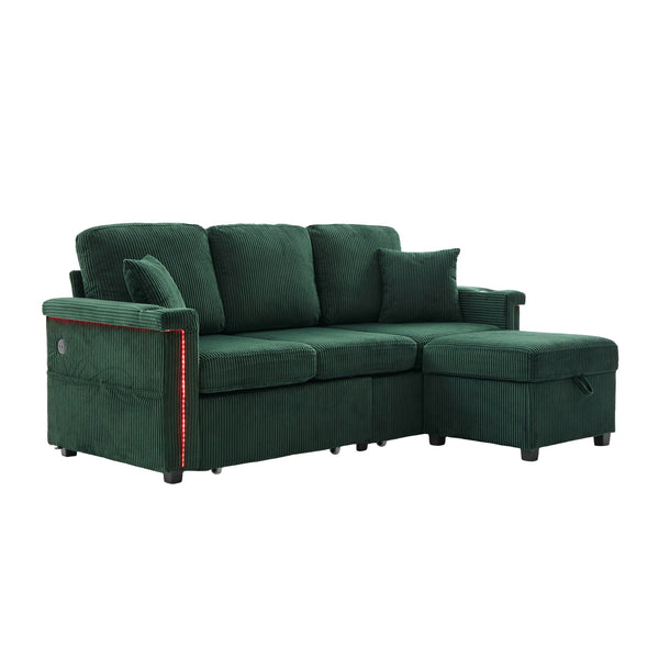 English Elm UNITED Corduroy L-Shaped Sectional Sofa with Storage Ottoman, USB Ports, Cup Holders & LED Lighting Emerald W1568P332404