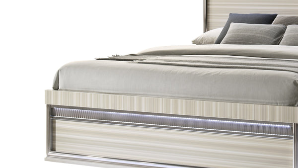 English Elm Leonor King Bed Wood Frame with Led Lighting Gray Vertical Panel Headboard Modern B009S02300