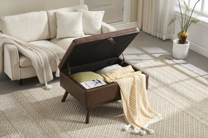 English Elm Mid-century square storage bench with solid wood frame, microfiber upholstery, versatile ottoman seat and tabletop functionality for living room and entryway appeal Brown PU W1539P269658