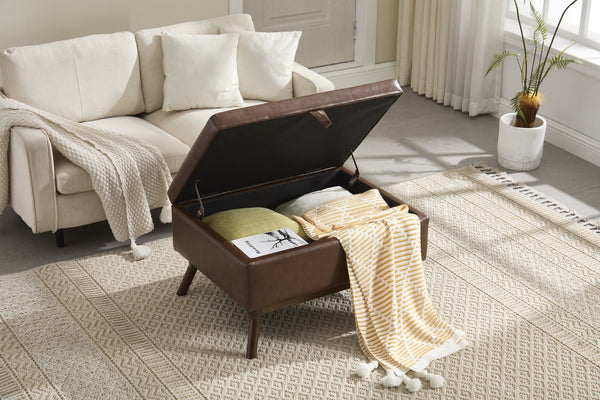 English Elm Mid-century square storage bench with solid wood frame, microfiber upholstery, versatile ottoman seat and tabletop functionality for living room and entryway appeal Brown PU W1539P269658