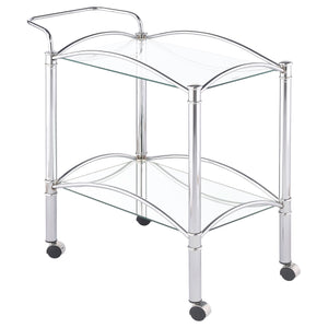 English Elm Porch Chrome 2-Tier Rectangular Glass Shelf Metal Bar Cart with Casters, Sleek Reflective Modern Style B062P328697