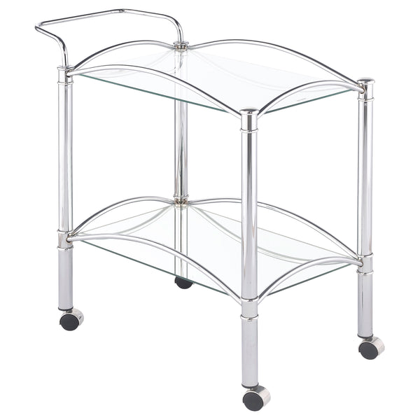 English Elm Porch Chrome 2-Tier Rectangular Glass Shelf Metal Bar Cart with Casters, Sleek Reflective Modern Style B062P328697