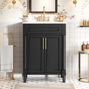 English Elm 24" Bathroom Vanity with Integrated Ceramic Sink and Adjustable Shelf, Vintage Hardware, Space-Saving Design Black N710P277711B