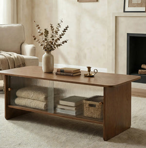 English Elm 47"rectangular Coffee Table Fluted Glass Sliding Doors Retro Wood Grain Living Room Storage Brown W3935P408518