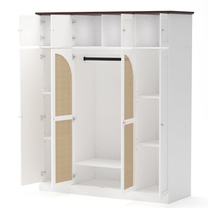 English Elm 70.87"tall Rattan Door Armoire Freestanding Wardrobe with Adjustable Shelves Hanging Rod White W757S00055