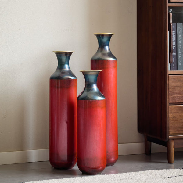 English Elm Floor Red Metal Vase Set 3-Piece Droplet Sculptures — Modern Glazed Tall Decorative Vases for Home W2796P371277