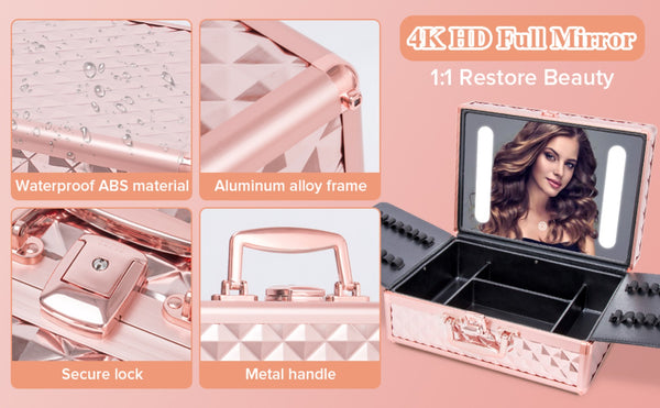 English Elm Portable Led Vanity Makeup Case Aluminum Travel Organizer with Mirror Lock Dividers W1550P163304