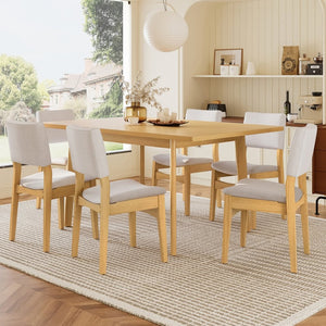 English Elm 7-piece Rectangular Rubberwood Dining Set with Six Linen Upholstered Stackable Chairs Natural N752S000018N