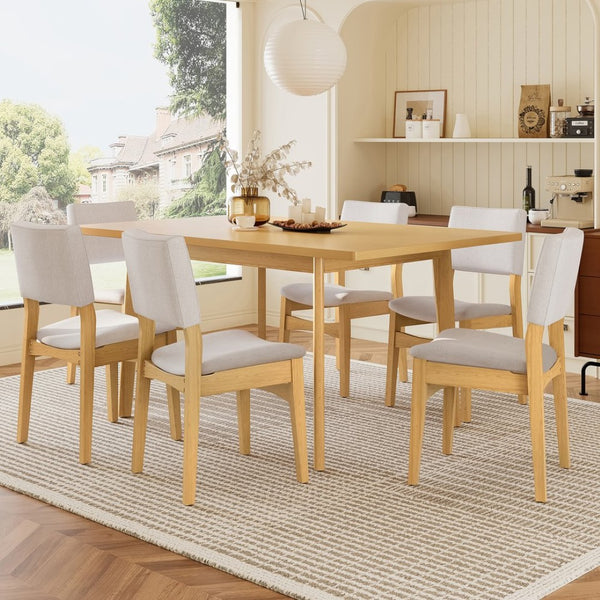 English Elm 7-piece Rectangular Rubberwood Dining Set with Six Linen Upholstered Stackable Chairs Natural N752S000018N