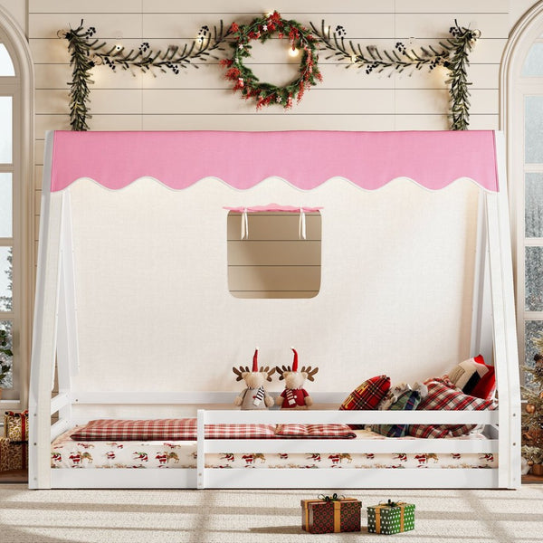 English Elm Twin Montessori Floor Bed Solid Pine Teepee Frame with Guardrails and Canopy Light W1580P369465