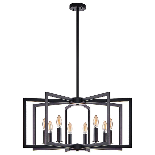 English Elm 27" Eight Light Matte Black Iron Geometric Chandelier for Dining and Living Spaces W1340P279980