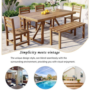 English Elm U_style Solid Acacia Six Piece Outdoor Dining Set for Patio Backyard Entertaining Natural Wood WY000472AAA