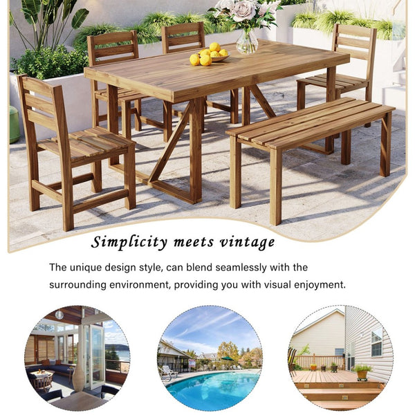 English Elm U_style Solid Acacia Six Piece Outdoor Dining Set for Patio Backyard Entertaining Natural Wood WY000472AAA
