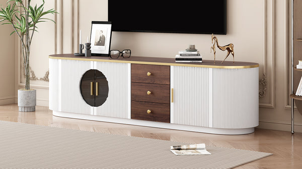 English Elm VIBE Elegant 70.8" Modern TV Stand with Gold Accents, Glass Cabinets, 3 Drawers & Cable Management White SJ000131AAK