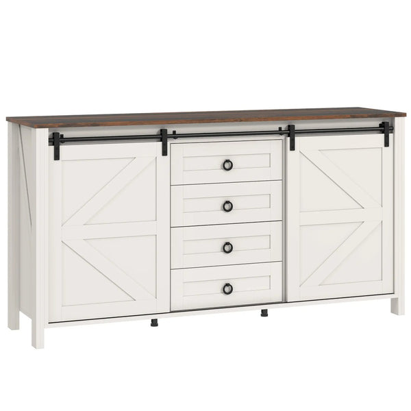 English Elm Farmhouse Buffet Cabinet with Sliding Barn Doors Four Drawers Distressed Cream Finish T3971S00095