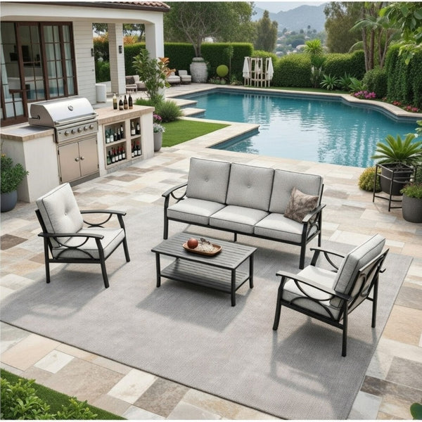 English Elm 4-piece Outdoor Steel Conversation Set Seats Five with Thick Foam Cushions Patio B082S00133